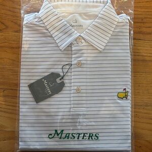 Masters White Polo with Light Blue Pinstripes and Yellow Logo